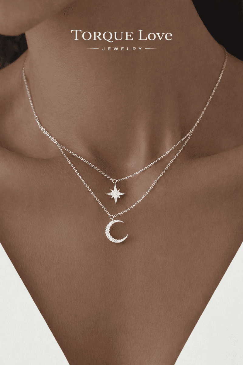 Silver necklace double star and moon silver 925