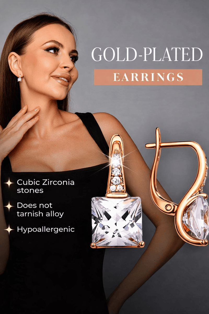 Square earrings with cubic zirconia, gold plated