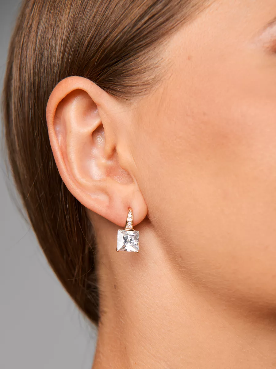 Square Earrings With Cubic Zirconia, Gold Plated - Fashion Alloy