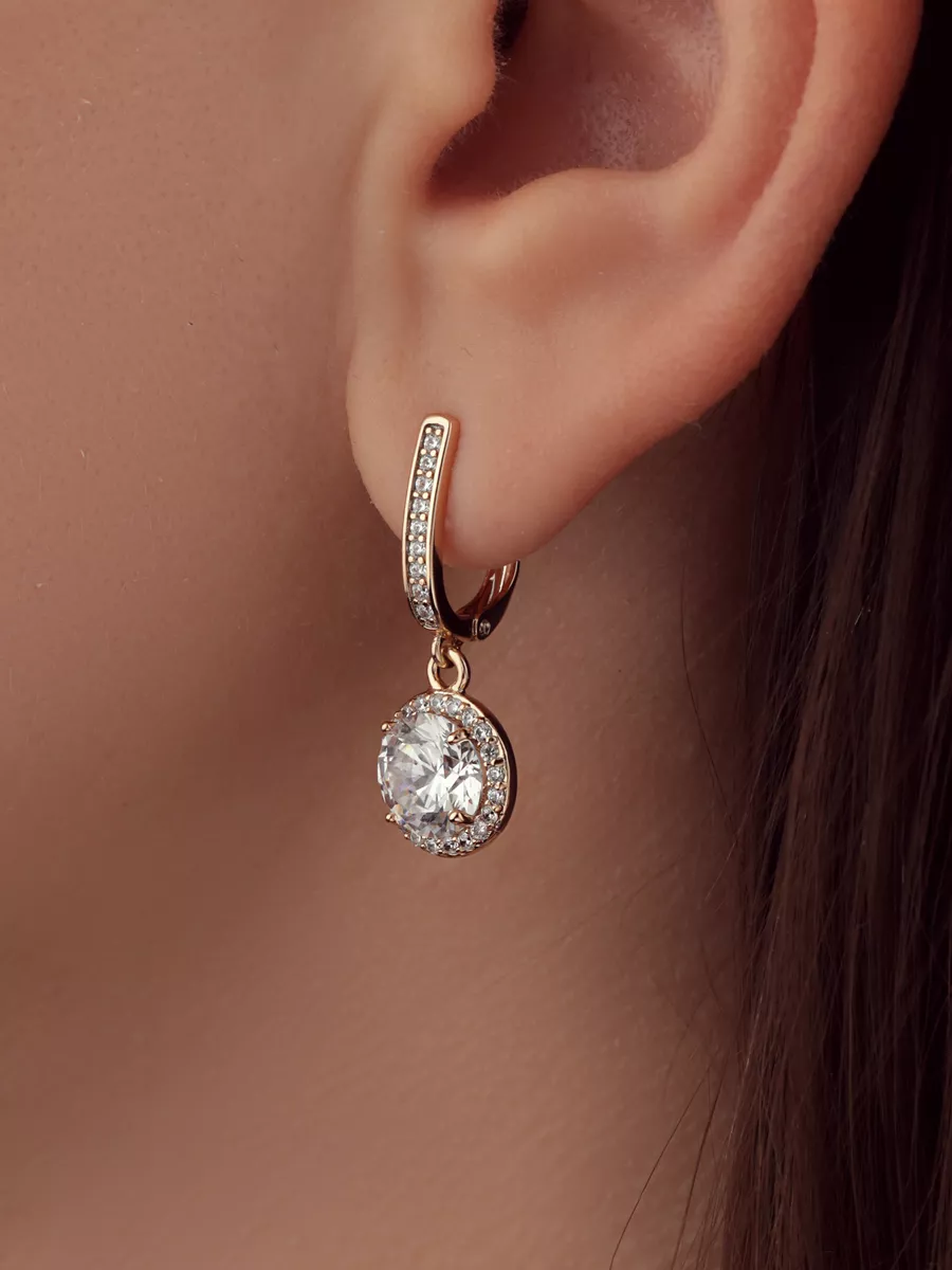 Round Earrings With Cubic Zirconia, Gold Plated