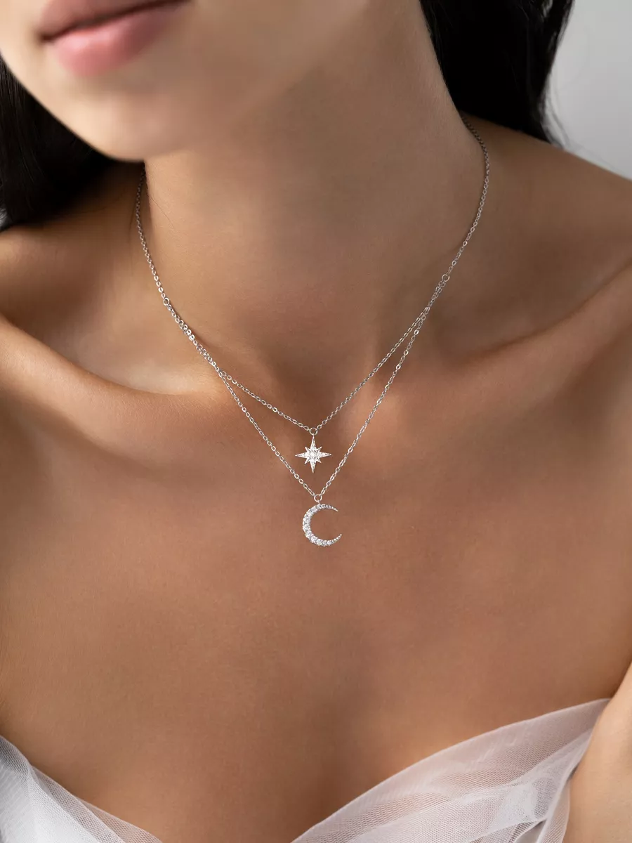 Silver Necklace Double Star And Moon Silver - 925 Sterling Silver